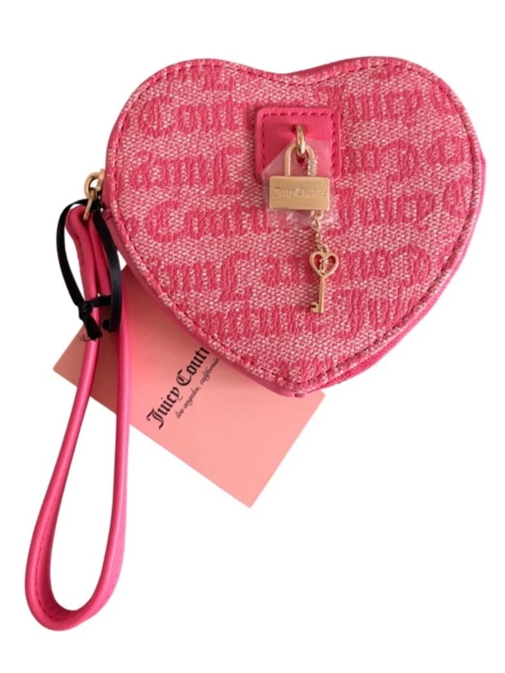 JUICY COUTURE Wristlet Coin Purse Heart Logo Jacquard Zip Around Pink Gold NWT